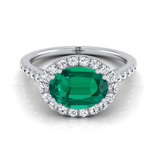 14K White Gold Oval Emerald Horizontal Fancy East West Diamond Halo Engagement Ring -1/2ctw