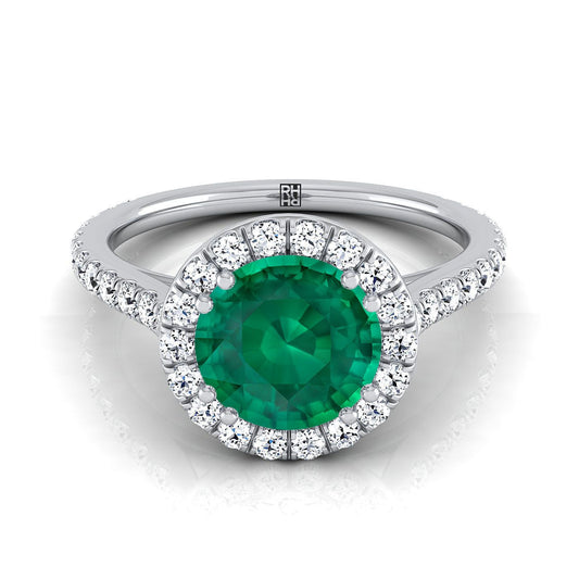 14K White Gold Round Brilliant Emerald Horizontal Fancy East West Diamond Halo Engagement Ring -1/2ctw
