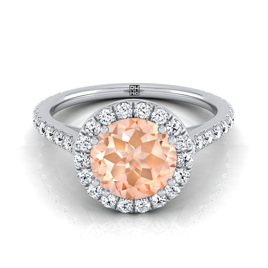 Platinum Round Brilliant Morganite Horizontal Fancy East West Diamond Halo Engagement Ring -1/2ctw