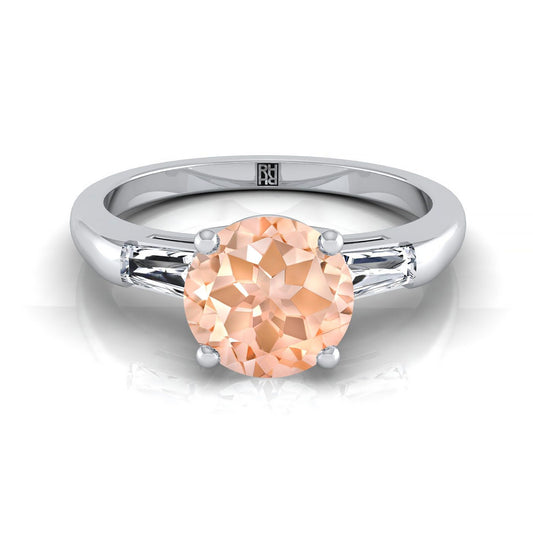 18K White Gold Round Brilliant Morganite Three Stone Tapered Baguette Engagement Ring -1/5ctw