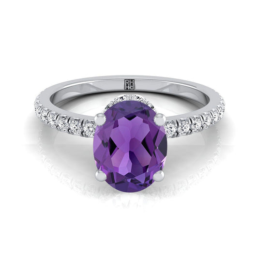 18K White Gold Oval Amethyst Secret Diamond Halo French Pave Solitaire Engagement Ring -1/3ctw