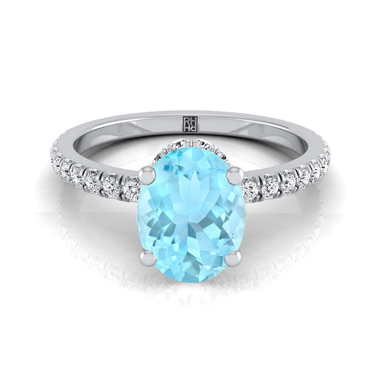 14K White Gold Oval Aquamarine Secret Diamond Halo French Pave Solitaire Engagement Ring -1/3ctw