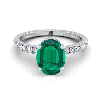 18K White Gold Oval Emerald Secret Diamond Halo French Pave Solitaire Engagement Ring -1/3ctw
