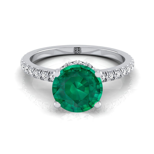14K White Gold Round Brilliant Emerald Secret Diamond Halo French Pave Solitaire Engagement Ring -1/3ctw