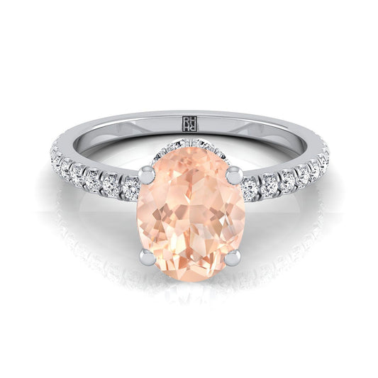 18K White Gold Oval Morganite Secret Diamond Halo French Pave Solitaire Engagement Ring -1/3ctw