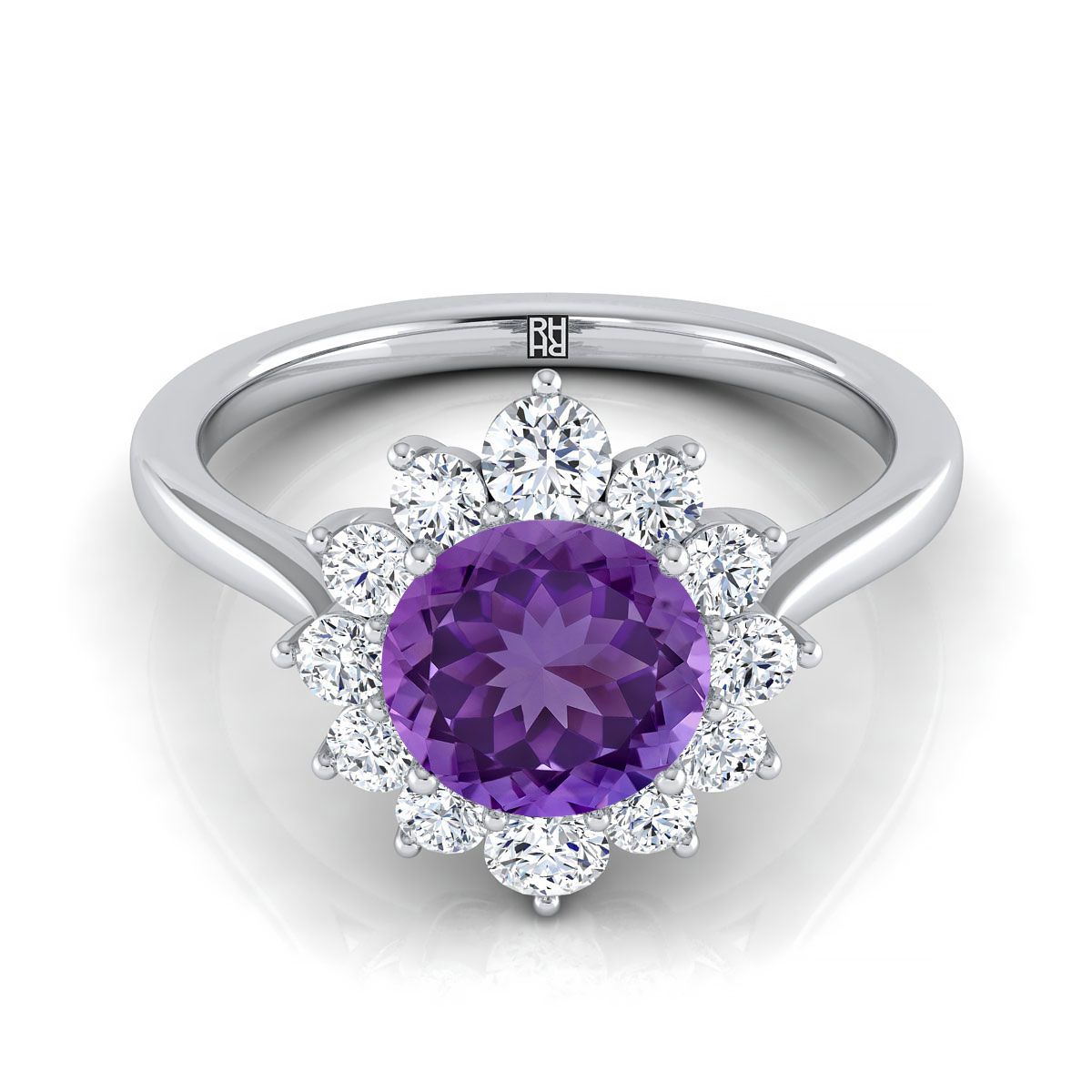 14K White Gold Round Brilliant Amethyst Floral Diamond Halo Engagement Ring -1/2ctw