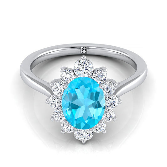 14K White Gold Oval Swiss Blue Topaz Floral Diamond Halo Engagement Ring -1/2ctw