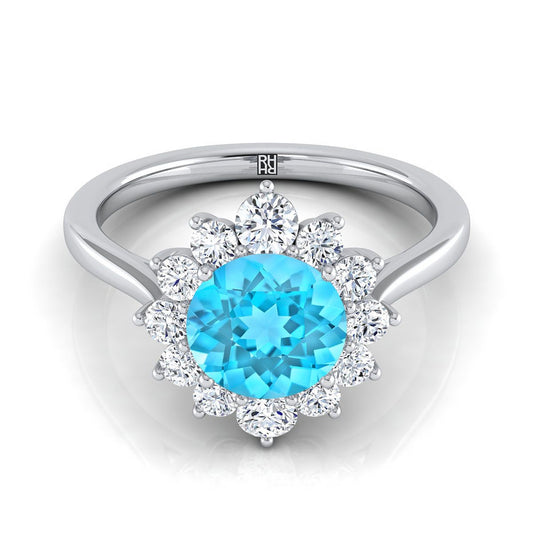 14K White Gold Round Brilliant Swiss Blue Topaz Floral Diamond Halo Engagement Ring -1/2ctw