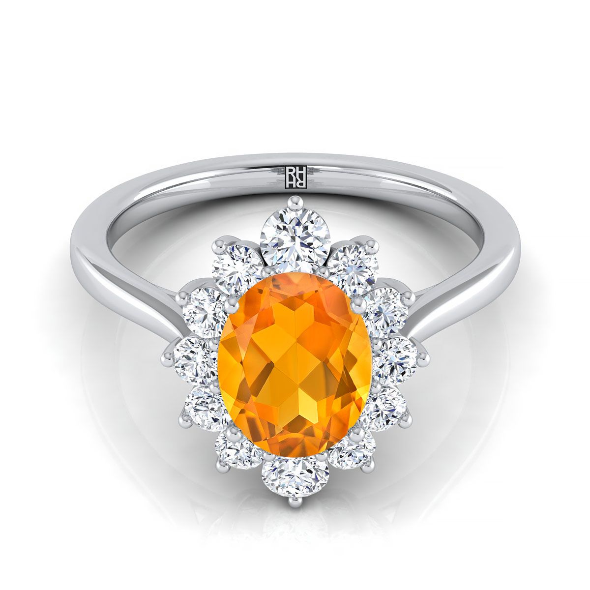 18K White Gold Oval Citrine Floral Diamond Halo Engagement Ring -1/2ctw