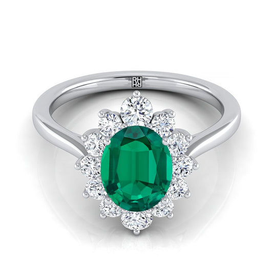 14K White Gold Oval Emerald Floral Diamond Halo Engagement Ring -1/2ctw