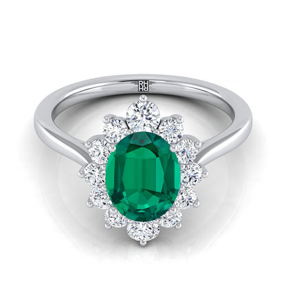 14K White Gold Oval Emerald Floral Diamond Halo Engagement Ring -1/2ctw