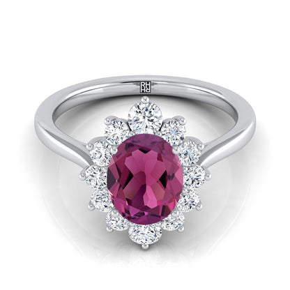 18K White Gold Oval Garnet Floral Diamond Halo Engagement Ring -1/2ctw