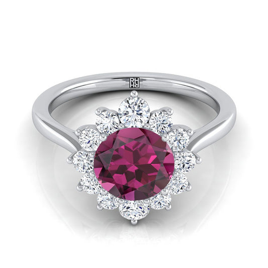 18K White Gold Round Brilliant Garnet Floral Diamond Halo Engagement Ring -1/2ctw