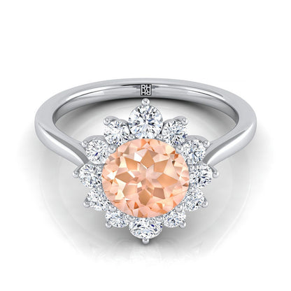 14K White Gold Round Brilliant Morganite Floral Diamond Halo Engagement Ring -1/2ctw