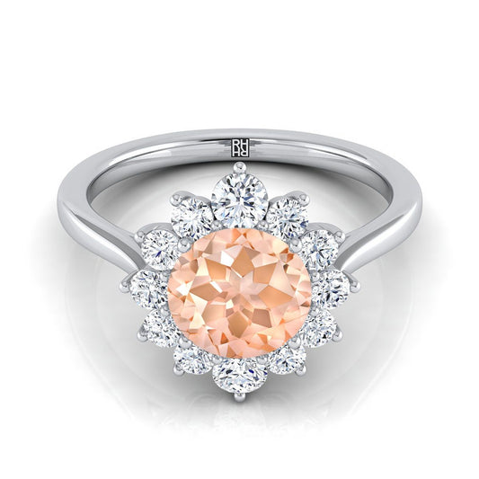 18K White Gold Round Brilliant Morganite Floral Diamond Halo Engagement Ring -1/2ctw