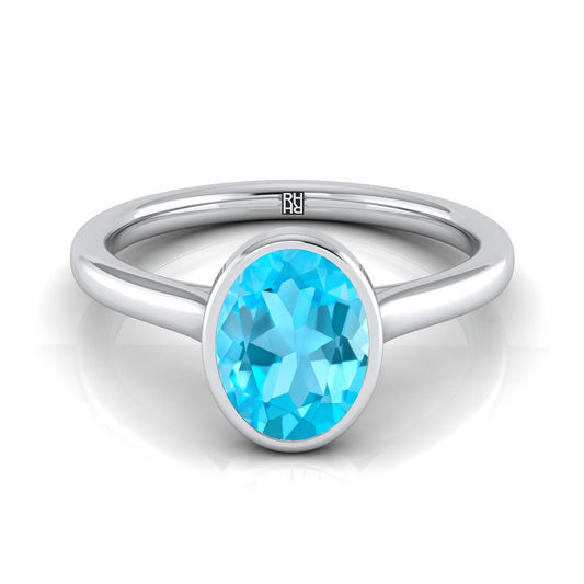 18K White Gold Oval Swiss Blue Topaz Simple Bezel Solitaire Engagement Ring
