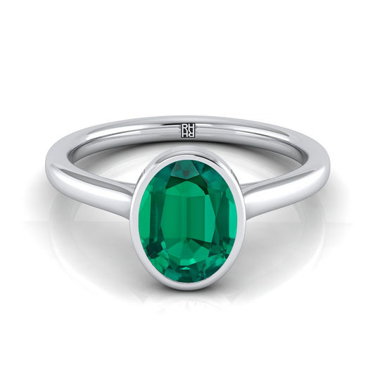 14K White Gold Oval Emerald Simple Bezel Solitaire Engagement Ring