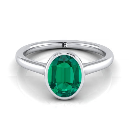 Platinum Oval Emerald Simple Bezel Solitaire Engagement Ring