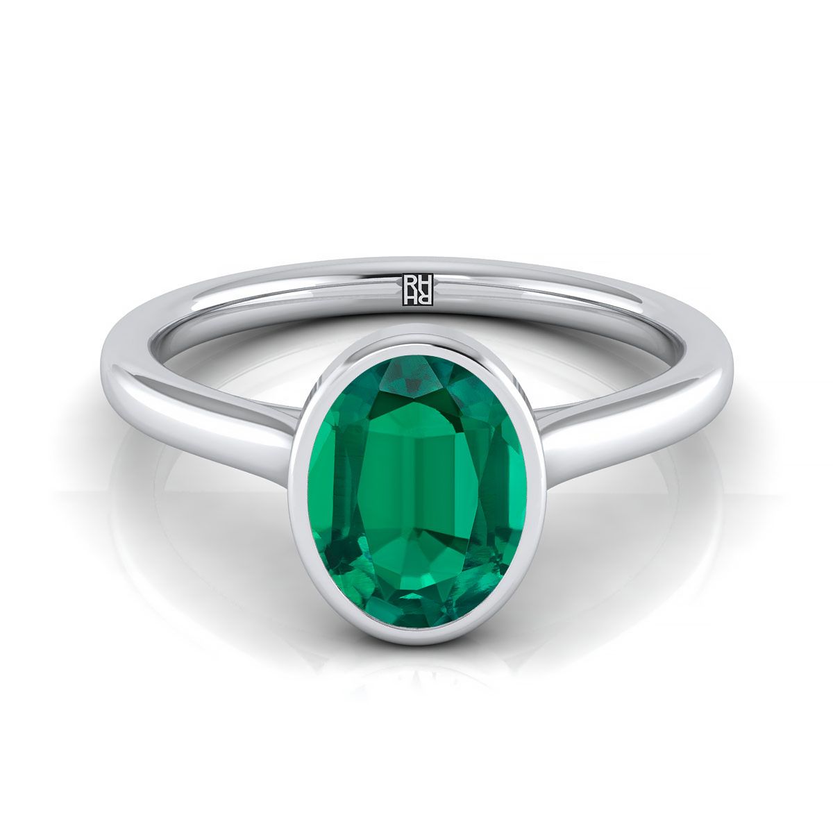 18K White Gold Oval Emerald Simple Bezel Solitaire Engagement Ring
