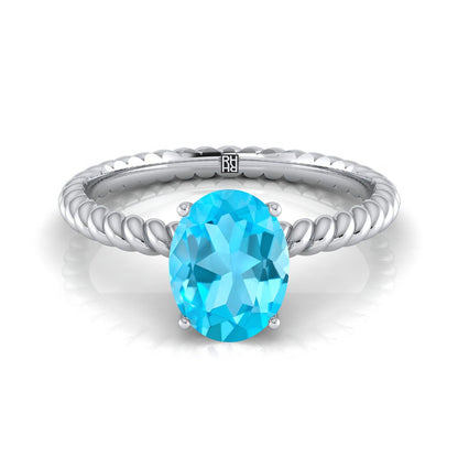 18K White Gold Oval Swiss Blue Topaz Twisted Rope Solitaire With Surprize Diamond Engagement Ring