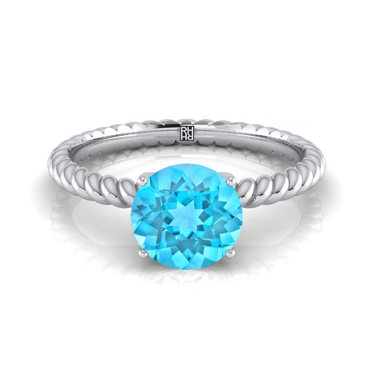 Platinum Round Brilliant Swiss Blue Topaz Twisted Rope Solitaire With Surprize Diamond Engagement Ring