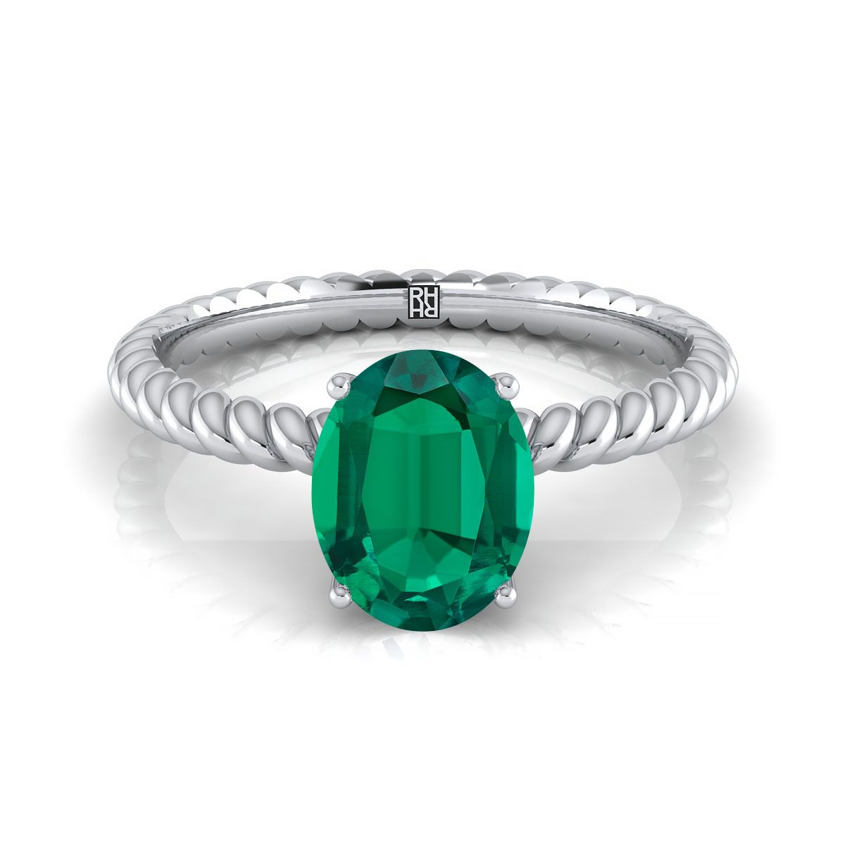 14K White Gold Oval Emerald Twisted Rope Solitaire With Surprize Diamond Engagement Ring