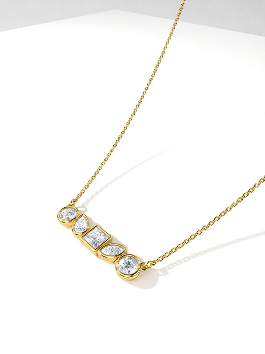 ROCKHER 14K Yellow Plate .925 Sterling Silver Five Fancy White Cubic Zirconia Bezel Set Line Pendant Necklace on 18" Chain