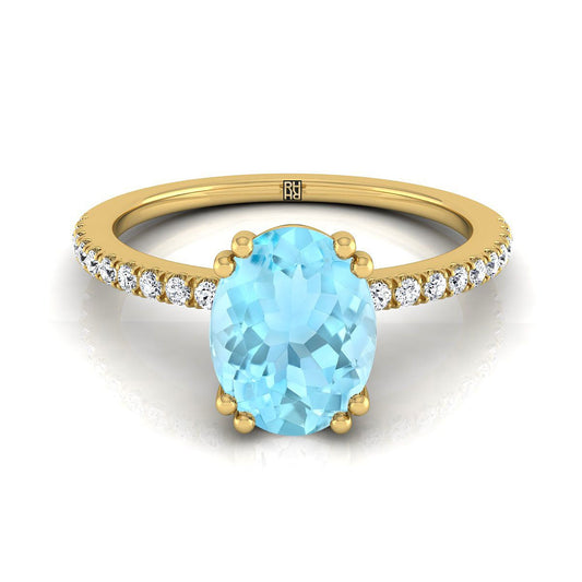 18K Yellow Gold Oval Aquamarine Simple French Pave Double Claw Prong Diamond Engagement Ring -1/6ctw