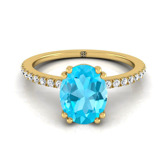 18K Yellow Gold Oval Swiss Blue Topaz Simple French Pave Double Claw Prong Diamond Engagement Ring -1/6ctw