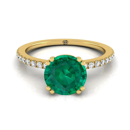 14K Yellow Gold Round Brilliant Emerald Simple French Pave Double Claw Prong Diamond Engagement Ring -1/6ctw
