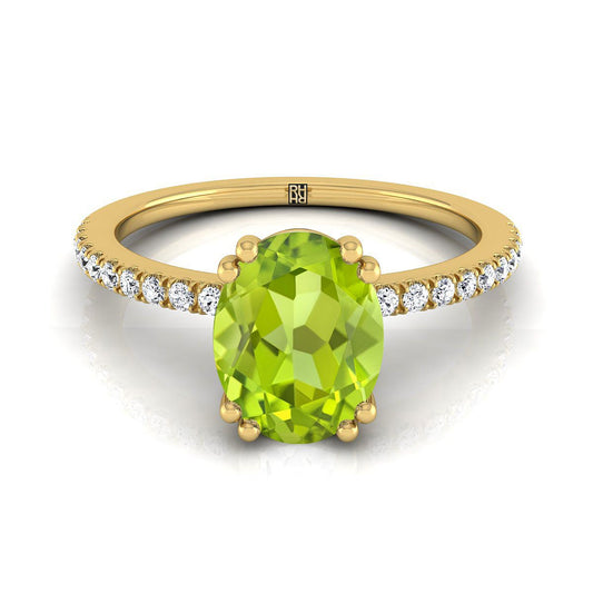 18K Yellow Gold Oval Peridot Simple French Pave Double Claw Prong Diamond Engagement Ring -1/6ctw