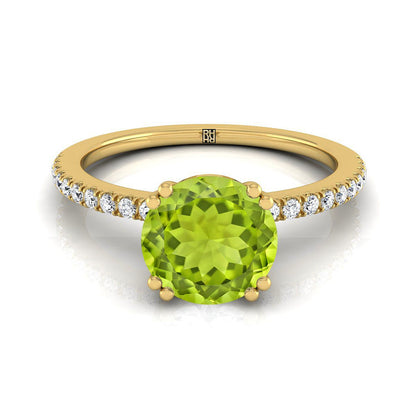 18K Yellow Gold Round Brilliant Peridot Simple French Pave Double Claw Prong Diamond Engagement Ring -1/6ctw