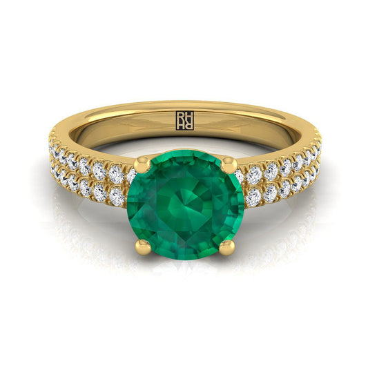 14K Yellow Gold Round Brilliant Emerald Double Pave Diamond Row Engagement Ring -1/4ctw