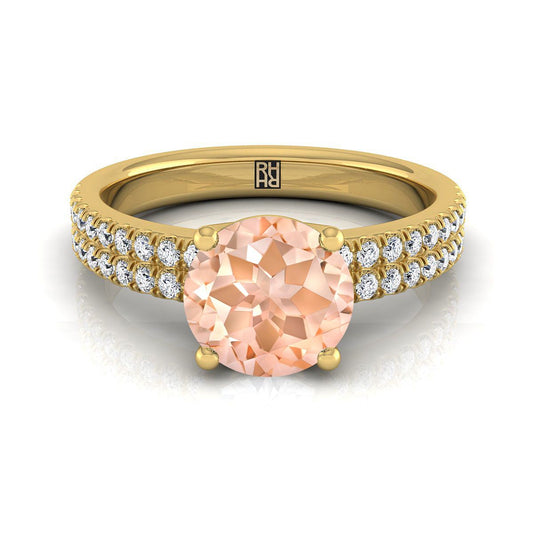 14K Yellow Gold Round Brilliant Morganite Double Pave Diamond Row Engagement Ring -1/4ctw