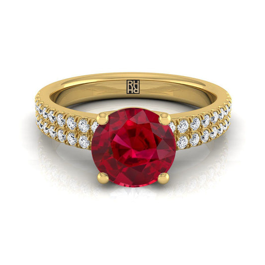 18K Yellow Gold Round Brilliant Ruby Double Pave Diamond Row Engagement Ring -1/4ctw