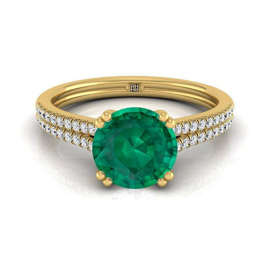 14K Yellow Gold Round Brilliant Emerald Double Row Double Prong French Pave Diamond Engagement Ring -1/6ctw