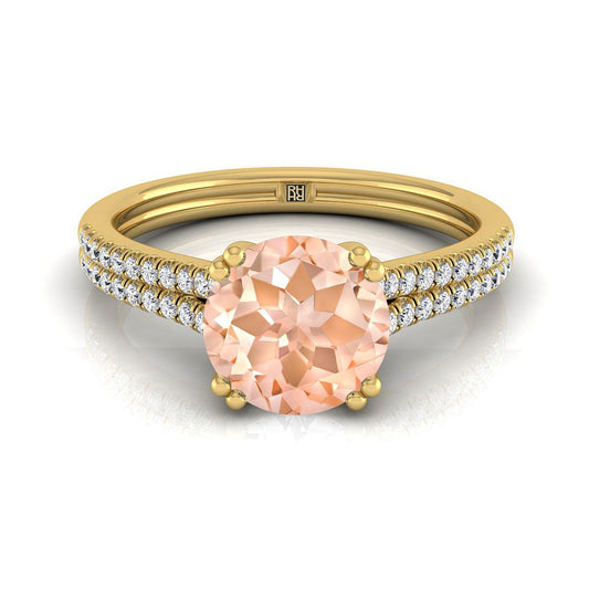 14K Yellow Gold Round Brilliant Morganite Double Row Double Prong French Pave Diamond Engagement Ring -1/6ctw