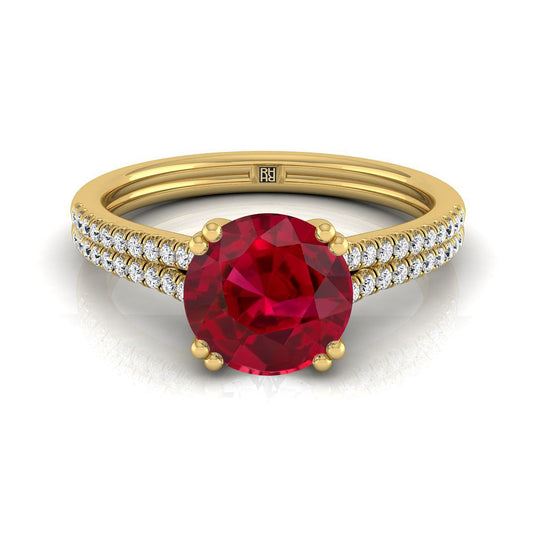 18K Yellow Gold Round Brilliant Ruby Double Row Double Prong French Pave Diamond Engagement Ring -1/6ctw