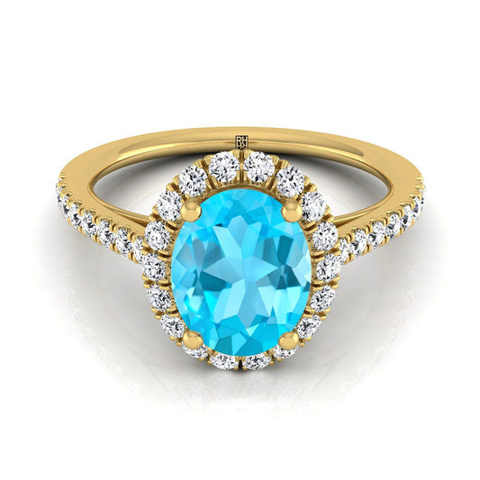 18K Yellow Gold Oval Swiss Blue Topaz Petite Halo French Diamond Pave Engagement Ring -3/8ctw