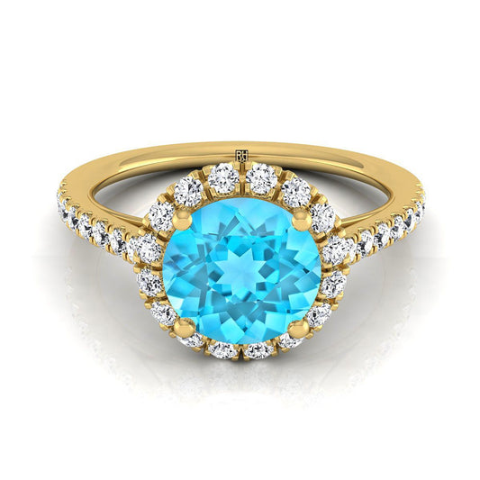 18K Yellow Gold Round Brilliant Swiss Blue Topaz Petite Halo French Diamond Pave Engagement Ring -3/8ctw