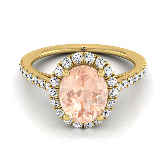 14K Yellow Gold Oval Morganite Petite Halo French Diamond Pave Engagement Ring -3/8ctw