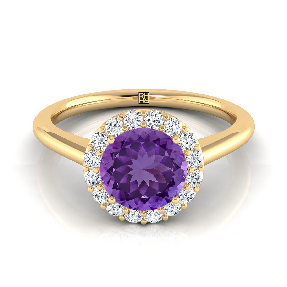 14K Yellow Gold Round Brilliant Amethyst Shared Prong Diamond Halo Engagement Ring -1/5ctw