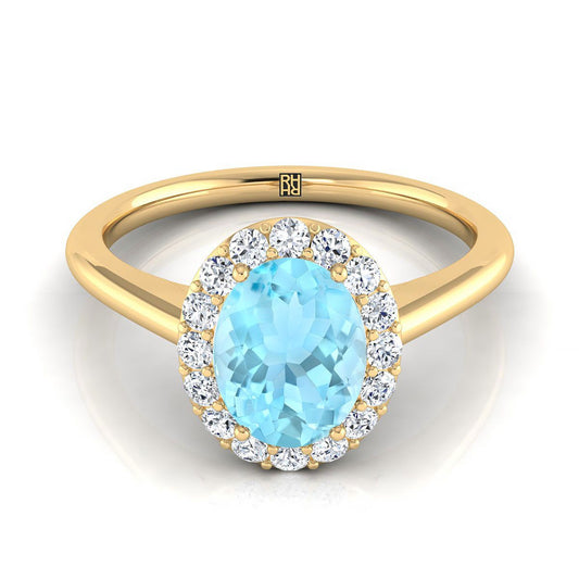 14K Yellow Gold Oval Aquamarine Shared Prong Diamond Halo Engagement Ring -1/5ctw