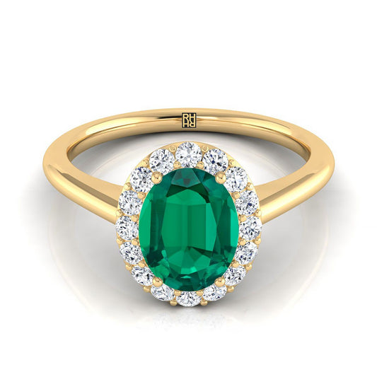 18K Yellow Gold Oval Emerald Shared Prong Diamond Halo Engagement Ring -1/5ctw