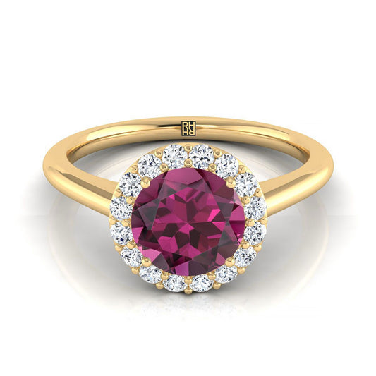 14K Yellow Gold Round Brilliant Garnet Shared Prong Diamond Halo Engagement Ring -1/5ctw