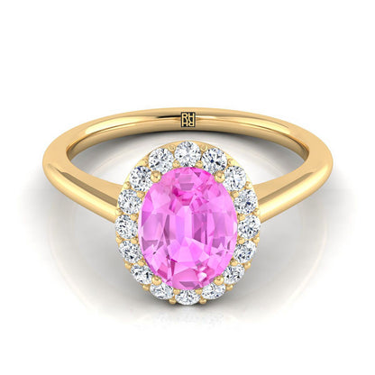 18K Yellow Gold Oval Pink Sapphire Shared Prong Diamond Halo Engagement Ring -1/5ctw
