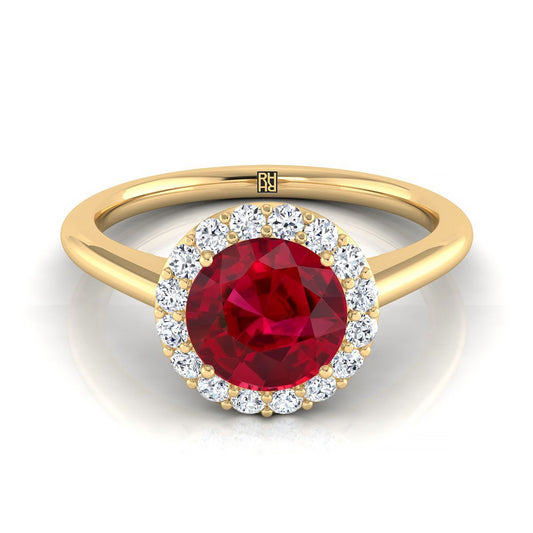 18K Yellow Gold Round Brilliant Ruby Shared Prong Diamond Halo Engagement Ring -1/5ctw