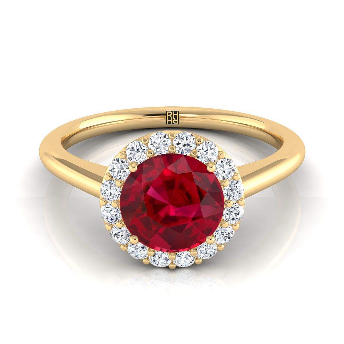 14K Yellow Gold Round Brilliant Ruby Shared Prong Diamond Halo Engagement Ring -1/5ctw