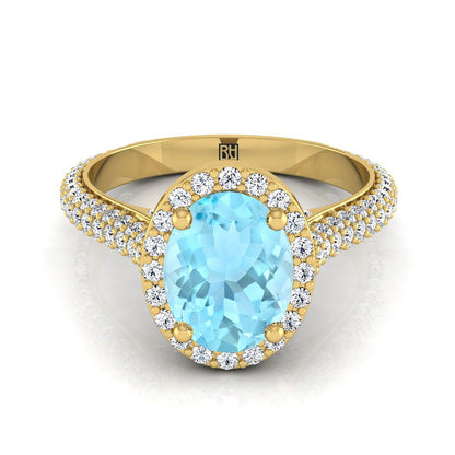 18K Yellow Gold Oval Aquamarine Micro-Pavé Halo With Pave Side Diamond Engagement Ring -7/8ctw
