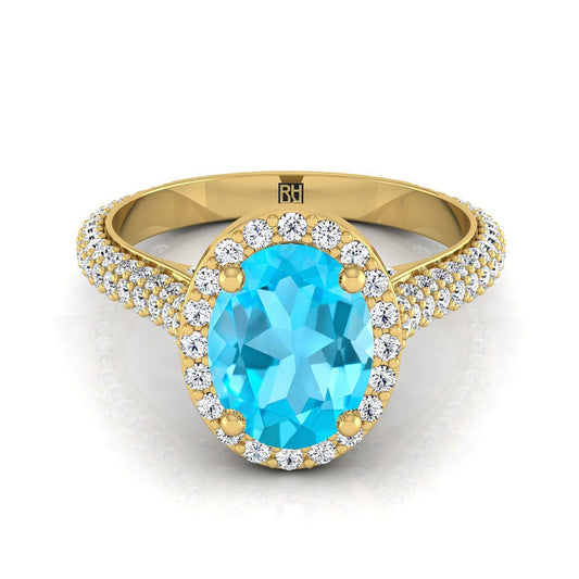14K Yellow Gold Oval Swiss Blue Topaz Micro-Pavé Halo With Pave Side Diamond Engagement Ring -7/8ctw